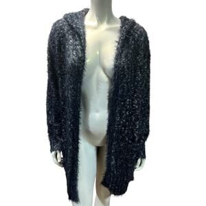 Express Medium Hooded Sweater Grey & White Speckled Knit Fuzzy